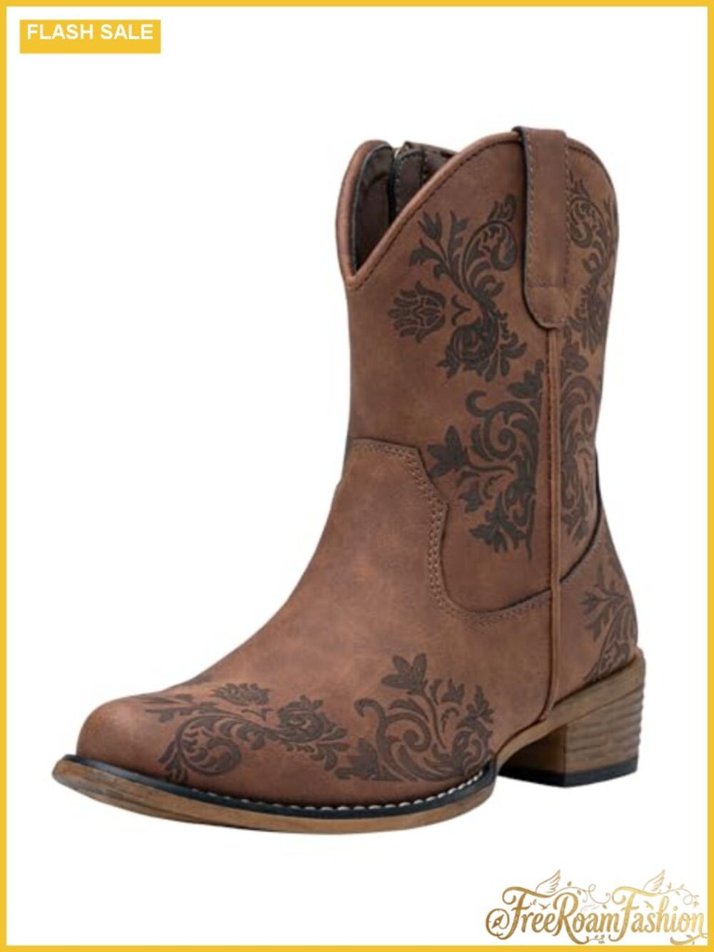 Faux Leather Western Ankle Booties Square Toe Low Block Heel Side Zip